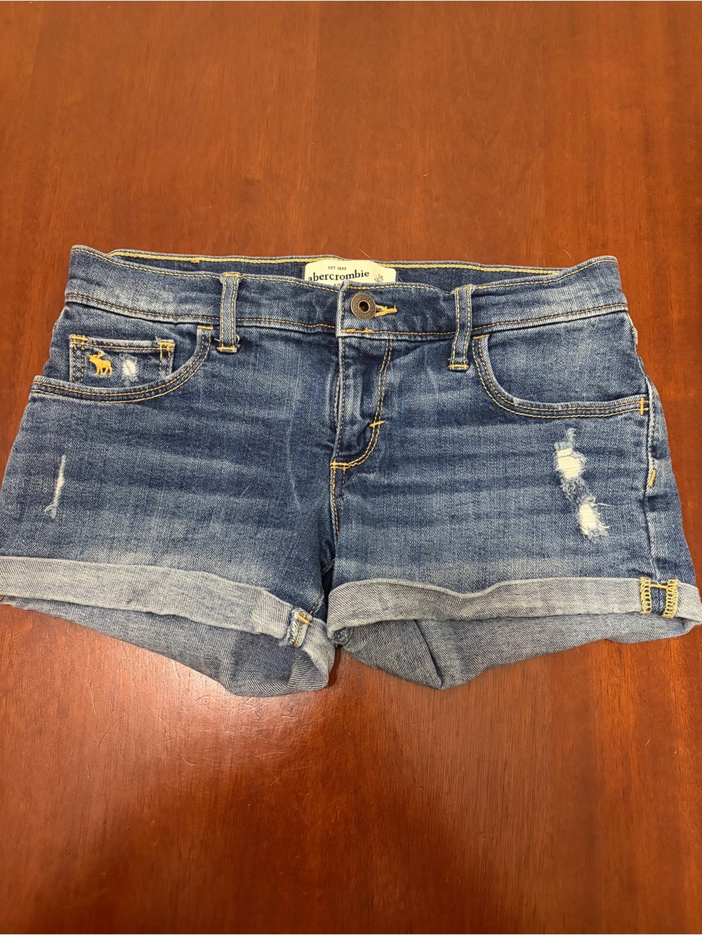 Abercrombie & Fitch Girls Distressed Rolled Hem Denim Shorts - Blue